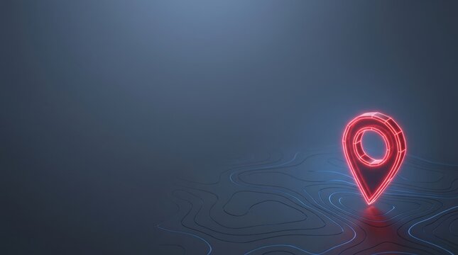 3d render of a glowing red map location pin icon on a dark blue topographic map background with contour lines