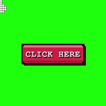 Pixel Art Click Here Button Animation with Retro Game Style on Green Screen