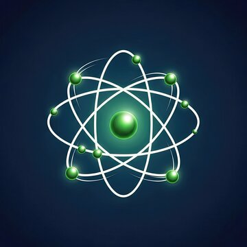 3D Glowing Atom Symbol With Green Electrons And Orbital Paths On Dark Background