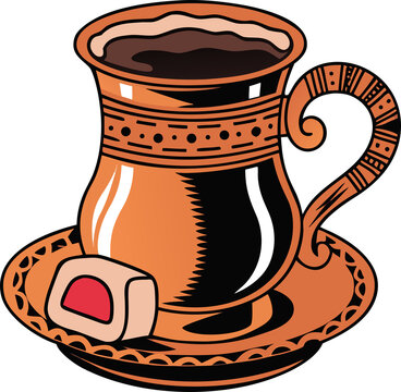 Traditional Turkish Coffee in Copper Cup with Turkish Delight Vector Illustration