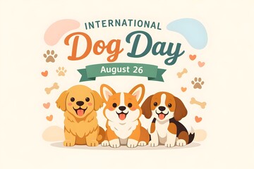 Fototapeta premium International Dog Day cheerful greeting poster featuring three adorable dogs with hearts and colorful decorative accents