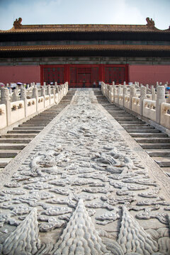 Forbidden City Beijing Dragon Marble Ramp and Red Doors Architectural Detail