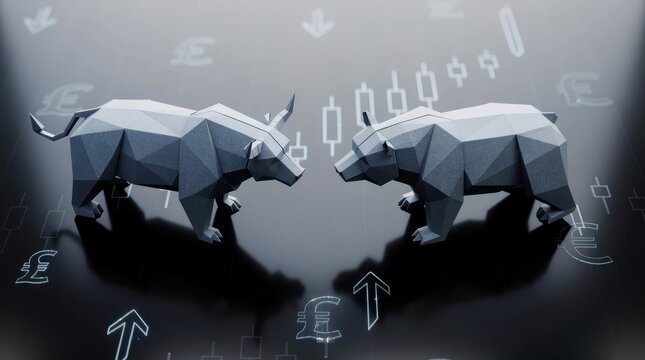 Low-poly bull and bear figures facing each other on a dark reflective surface. Financial candlestick charts and currency symbols background. Stock market competition and trading trends concept.