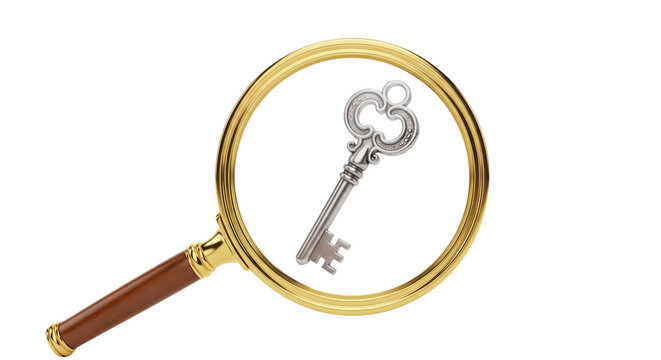 Magnifying glass focusing on a vintage silver key representing search, solution, and discovery