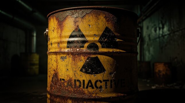 Rusty yellow barrel with radiation symbol in dark industrial setting. Corroded container for hazardous nuclear waste stored in a facility. Environmental pollution and toxic hazard concept.