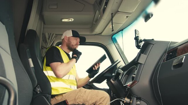 Truck driver using cb radio and tablet in cabin