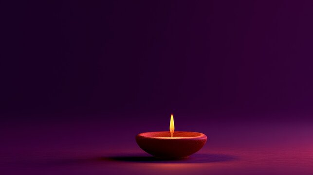 A small clay oil lamp with a bright flame sits on a purple reflective surface, creating a quiet spiritual scene with rich violet color. serene ritual, peaceful meditation, festive light.