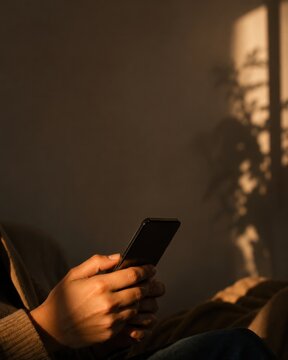 Hands using smartphone in warm indoor light