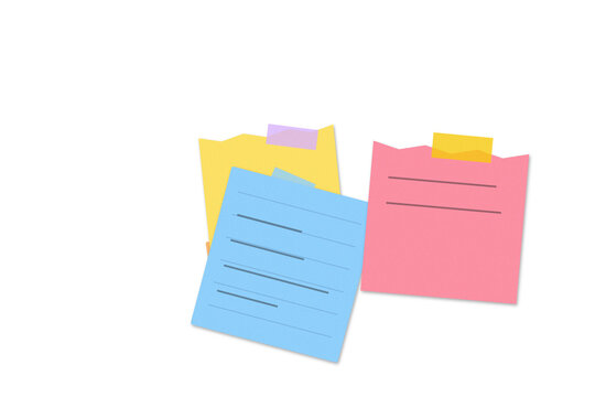 Colorful sticky notes with handwritten text reminders arranged in a small pile on a flat surface and PNG notes