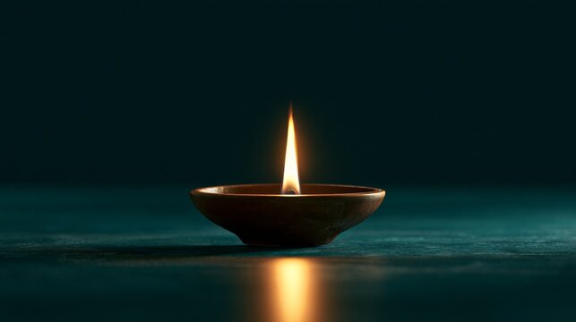 Teal diya oil lamp with a glowing flame on a dark background, refined festival decor, spiritual tradition, peaceful celebration, cultural symbolism.