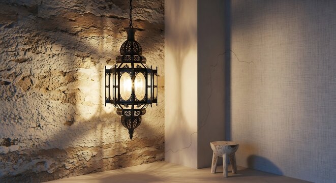 Traditional hanging Arabic lantern casting shadows on a stone wall interior.
