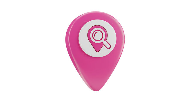 Vibrant 3D pink map pin icon featuring a magnifying glass for precise location search and discovery on digital platforms