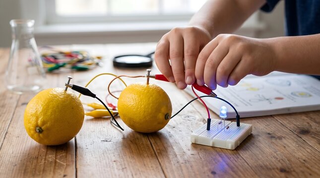 Curious child connecting wires to create a natural lemon battery science experiment.
