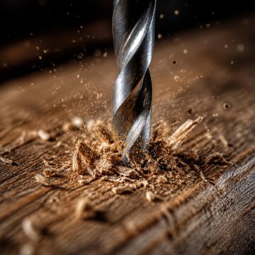Drill bit making a hole in wood with flying sawdust particles