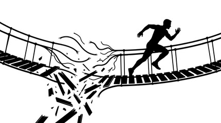 Fototapeta premium Silhouette runner sprinting across a collapsing broken wooden bridge depicted in this detailed black vector illustration