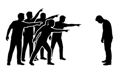 Naklejka premium Silhouetted group pointing fingers at a lonely isolated person in this black white vector graphic illustration
