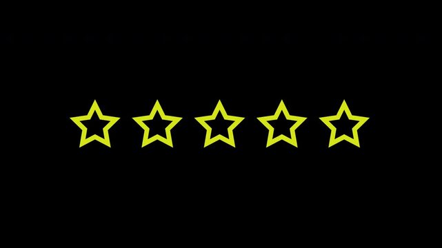Five star rating animation on black background. Animated line style five yellow color star shape icon 4K Resolution.