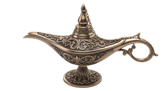 Ornate antique brass magic lamp with intricate floral patterns isolated on a white background