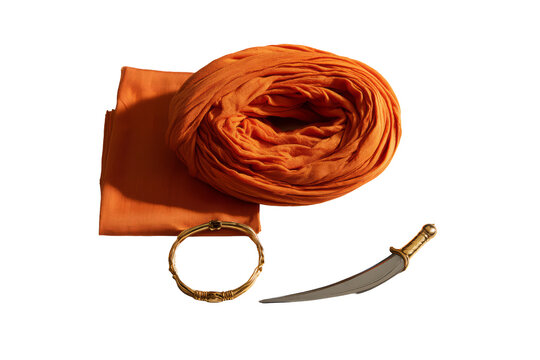 Orange Turban Cloth with Kara and Sikh Articles Flat Lay