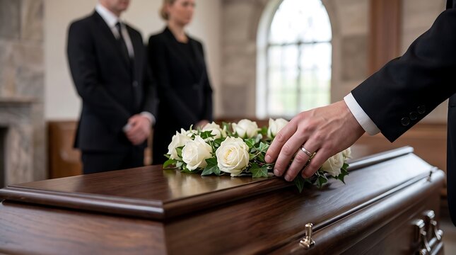 Hand of mourner resting on casket with white roses at funeral