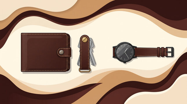 Flat lay of men accessories with brown leather wallet, key holder, and wristwatch on abstract background