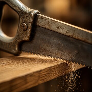 Old rusty hand saw blade cutting through a wooden plank creating sawdust