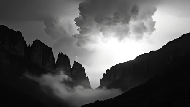 Dramatic black and white landscape of mountains and thunderclouds with lightning flashes during a storm