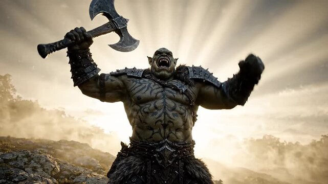 Fierce Orc Warrior Holding Battle Axe Raised High In Victory Triumph