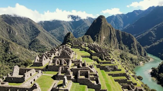 Breathtaking aerial view of the ancient Inca city of Machu Picchu nestled in the Andes mountains of Peru.