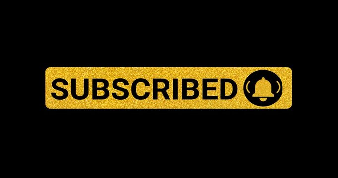 Golden glitter Subscribe button animation with notification bell click on black background. Elegant social media call to action overlay for YouTube videos, vlogs, and channel branding