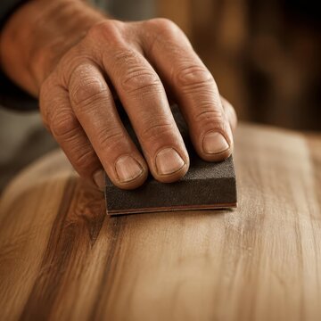 Close-up of a craftsman's hand meticulously sanding a wooden surface