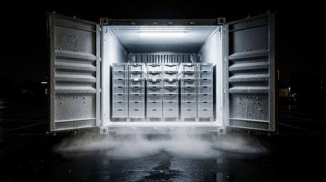 Open refrigerated shipping container with stacked crates at night. Frost-covered interior and cold vapor show logistics efficiency. Cold chain concept for frozen transport and shipping marketing.