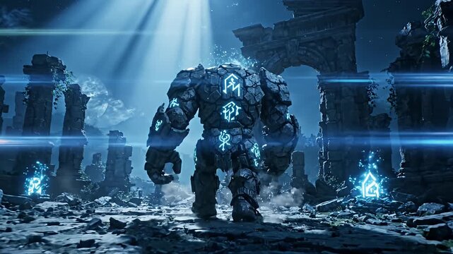 Giant Fantasy Stone Golem with Glowing Magic Runes in Ancient Ruins