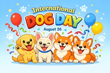 Fototapeta premium International Dog Day colorful cartoon poster featuring cheerful puppies, balloons, paw prints and festive decorations