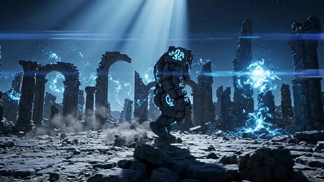 Ancient Stone Golem Walking Through Glowing Magical Temple Ruins At Night
