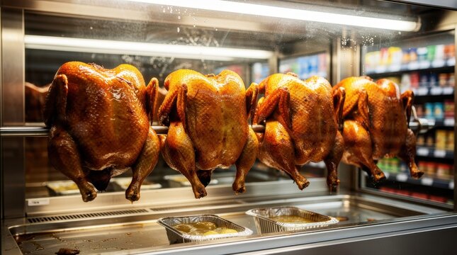 Roasted chickens on a spit in a deli display. Fresh whole poultry in a supermarket rotisserie oven. Convenience meal concept for food retail marketing.