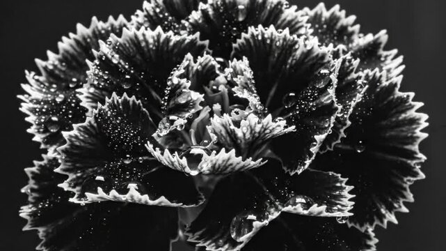 Black and white close up of water droplets on a carnation flower with a blurred background showing detail and texture