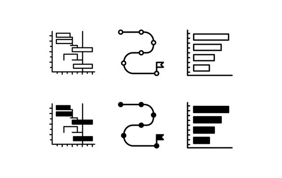 A professional vector icon set featuring various business charts timelines and data visualization elements for modern corporate and analytical design projects