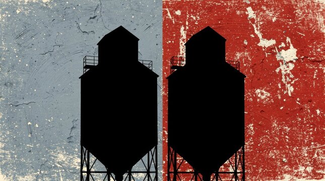 Silhouette of industrial silos on textured background. Distressed red and blue paint creates a vintage aesthetic. Farming and supply chain concept for industrial marketing.