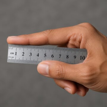 Hand holding metal ruler measuring in centimeters and millimeters