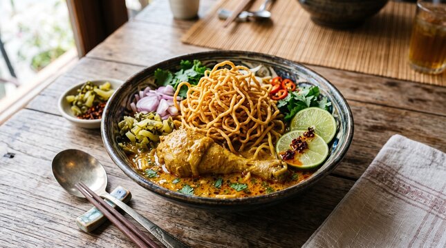 Northern Thai Khao Soi Coconut Curry Noodle Soup with Crispy Noodles