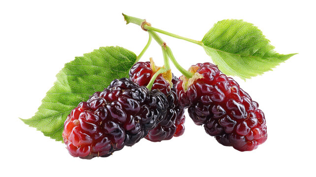 Ripe red and black mulberries with fresh green leaves isolated for natural fruit and healthy food photography on white background