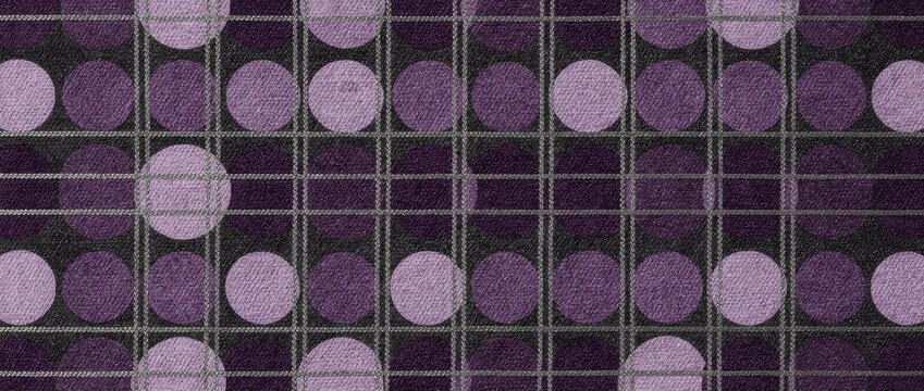 Purple textile pattern featuring circles and a grid overlay. Woven fabric texture with lavender polka dots and metallic silver lattice lines. Elegant geometric background, ideal for home decor.