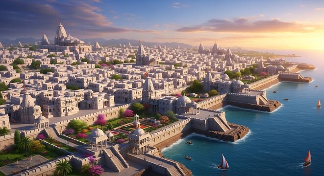 Panoramic view of an ancient Indian coastal city with white stone architecture.