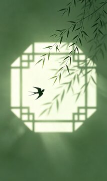 Minimal oriental atmospheric background, green misty window scene, octagonal moon gate light, willow and swallow silhouettes, serene elegant mood