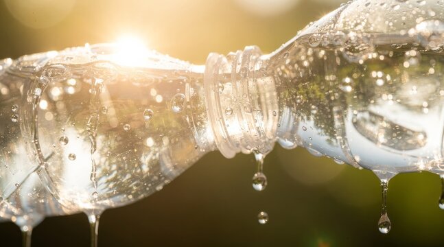 Refreshing water bottle with droplets and drips in golden sunlight