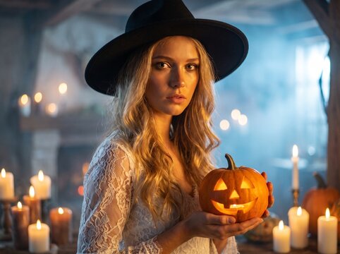 Beautiful blonde woman wearing black fedora hat holds glowing carved orange jackolantern pumpkin while standing inside cozy candlelit rustic room