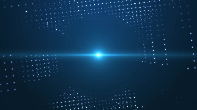 Abstract blue technology background with glowing light particles.