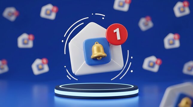 3D Render of Notification Bell and Email Icon with Unread Message Counter.