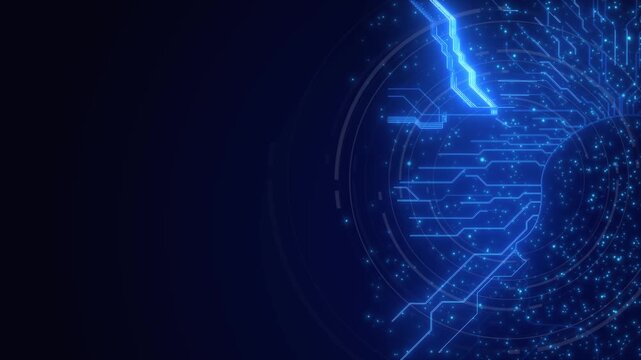 Artificial intelligence head glowing blue circuits, digital brain silhouette, network light paths. AI , machine learning explainers, automation promos, tech intros, software visuals.